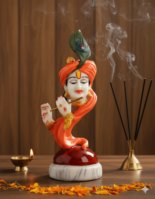 12 Inch Marble Finish Krishna Face Idol - Unique Flute Player Statue
