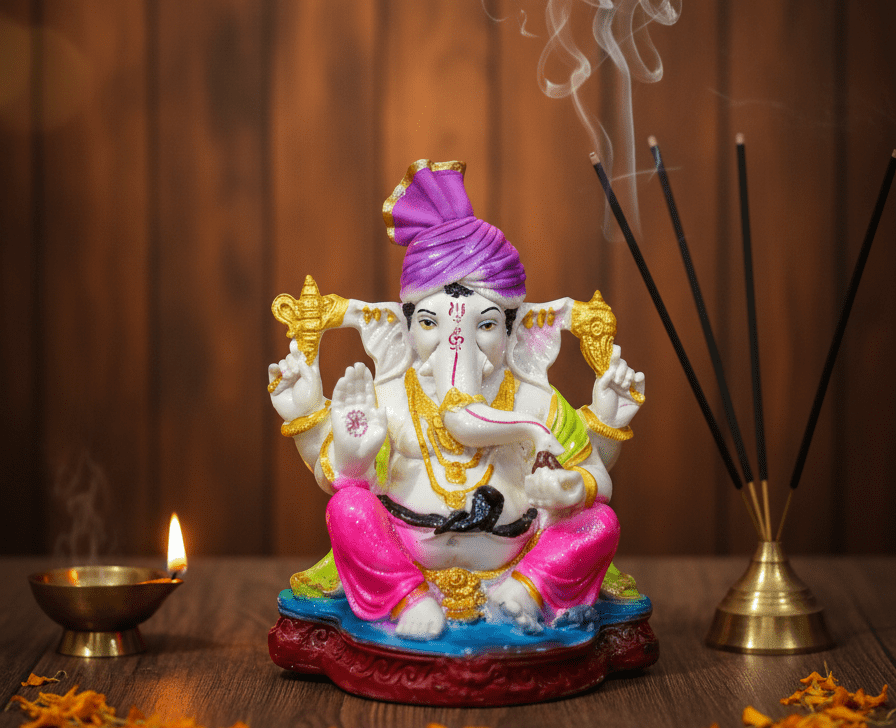 12.5-Inch Big Pagdi Ganesha Idol (Vibrant Pink & Purple)
