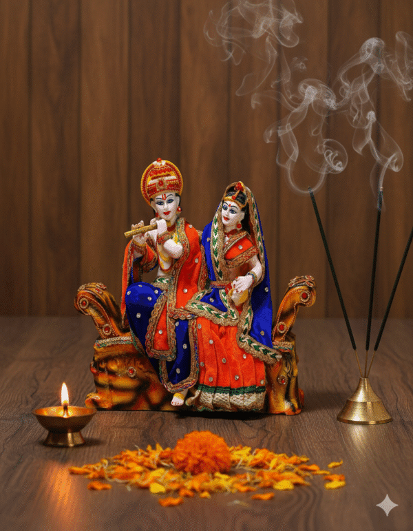 13 Inch Radha Krishna Sofa Idol- Premium Dress Work Sitting Statue