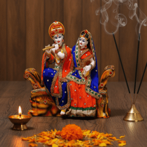 13 Inch Radha Krishna Sofa Idol- Premium Dress Work Sitting Statue