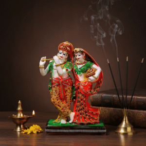 Majestic 16 inch standing Radha Krishna polyresin statue with flute and Matki, featuring jeweled stonework