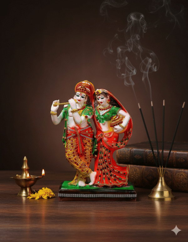 Majestic 16 inch standing Radha Krishna polyresin statue with flute and Matki, featuring jeweled stonework