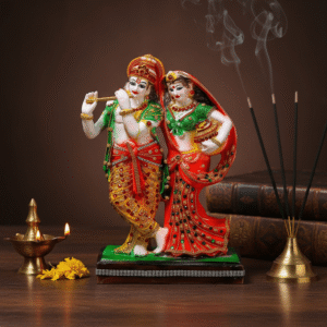 Majestic 16 inch standing Radha Krishna polyresin statue with flute and Matki, featuring jeweled stonework
