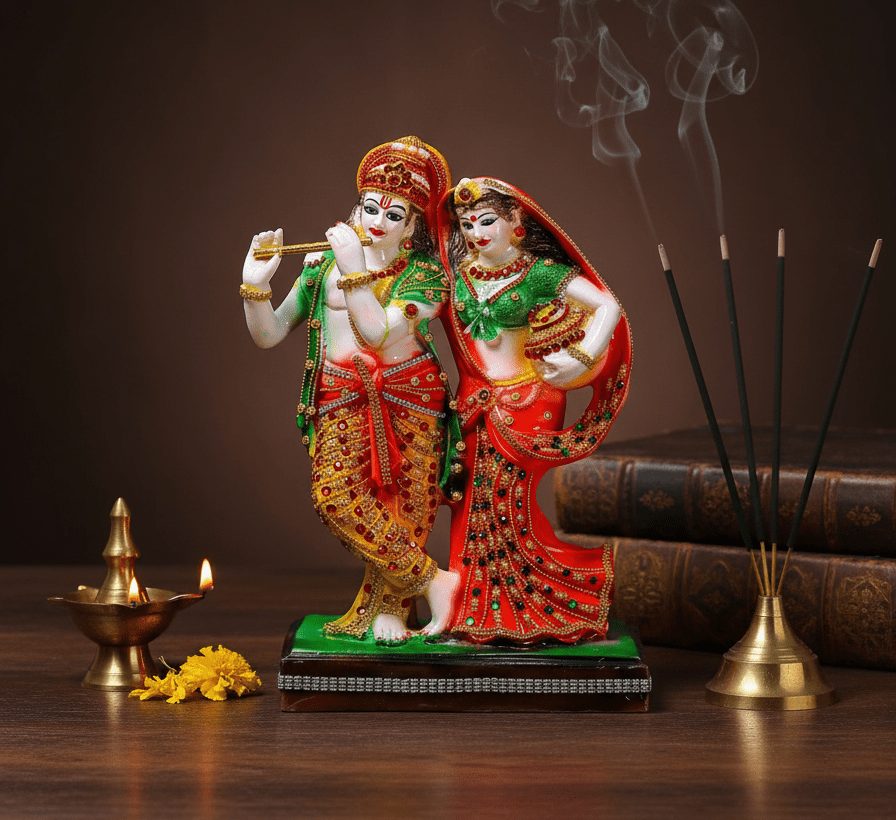 Majestic 16 inch standing Radha Krishna polyresin statue with flute and Matki, featuring jeweled stonework