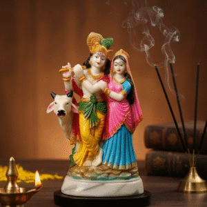 Radha Krishna with Cow, 9.5 Inch Murti, Polyresin Statue, Divine Couple, Radhe Krishna Figurine, Holy Cow Idol, Janmashtami Gift, Mid-size Spiritual Decor