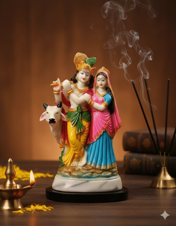 Radha Krishna with Cow, 9.5 Inch Murti, Polyresin Statue, Divine Couple, Radhe Krishna Figurine, Holy Cow Idol, Janmashtami Gift, Mid-size Spiritual Decor