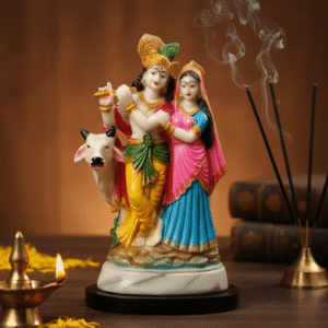 Radha Krishna with Cow, 9.5 Inch Murti, Polyresin Statue, Divine Couple, Radhe Krishna Figurine, Holy Cow Idol, Janmashtami Gift, Mid-size Spiritual Decor