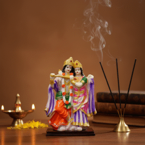 10 Inch Hand-Painted Radha Krishna Idol Murti - Multi-Color Polyresin Statue for Home Temple & Decor