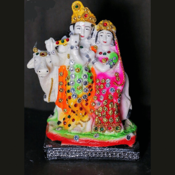 9 Inch Bejeweled Radha Krishna with Cow Idol
