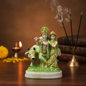 9 Inch Polyresin Radha Krishna with Cow Idol Green and White or 9 Inch Radha Krishna with Cow Statue Pink and Yellow