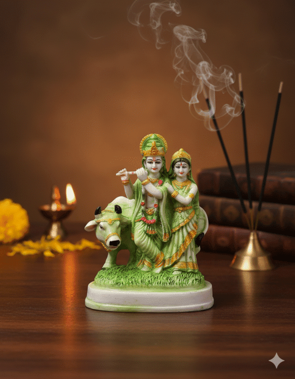 9 Inch Polyresin Radha Krishna with Cow Idol Green and White or 9 Inch Radha Krishna with Cow Statue Pink and Yellow