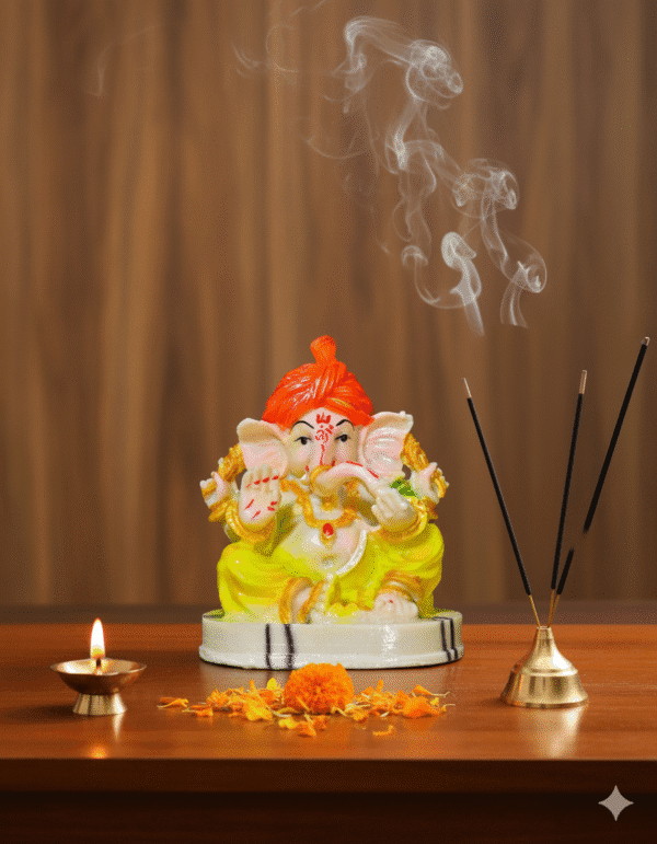 Vibrant 9 Inch Sitting Pagdi Ganesha Idol - Orange Turban Statue