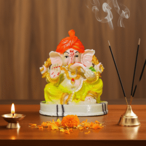 Vibrant 9 Inch Sitting Pagdi Ganesha Idol - Orange Turban Statue