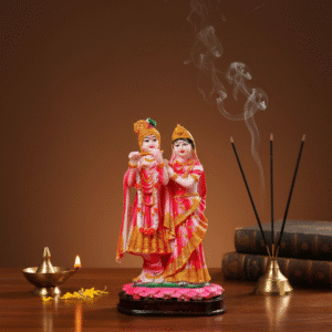 9.5 Inch Polyresin Radha Krishna Pagri Idol with Flute and Incense Smoke