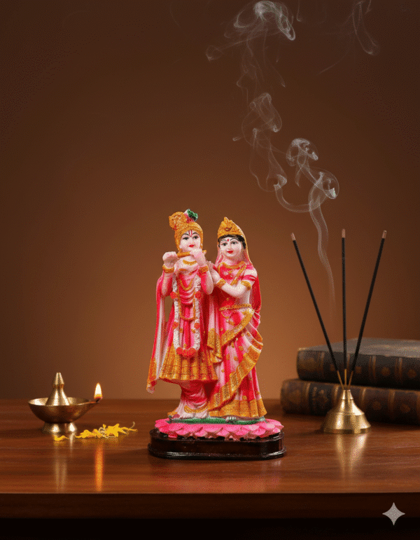 9.5 Inch Polyresin Radha Krishna Pagri Idol with Flute and Incense Smoke