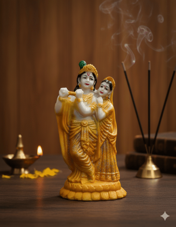 9.5 Inch Sparkling Yellow Radha Krishna Idol - Glitter Polyresin Murti for Home Temple