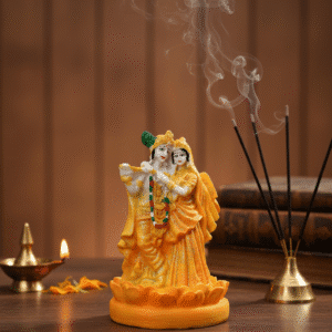 Radiant 9.5 Inch Yellow Radha Krishna Idol on Lotus Base