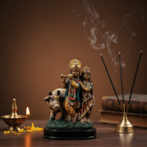 9 Inch Antique Finish Radha Krishna with Cow Idol - Vintage Polyresin Murti