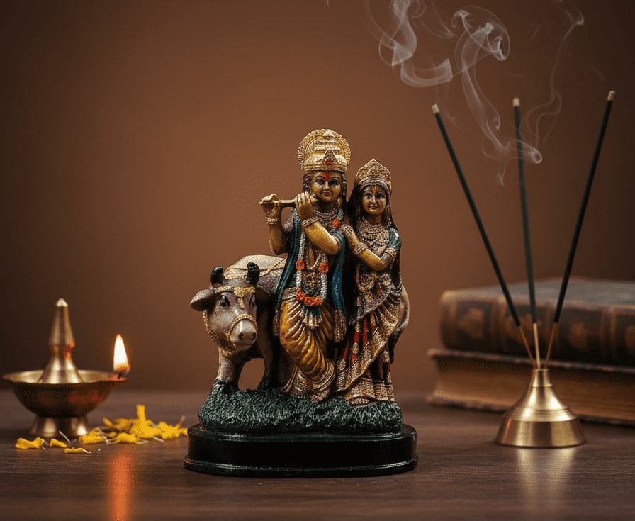 9 Inch Antique Finish Radha Krishna with Cow Idol - Vintage Polyresin Murti