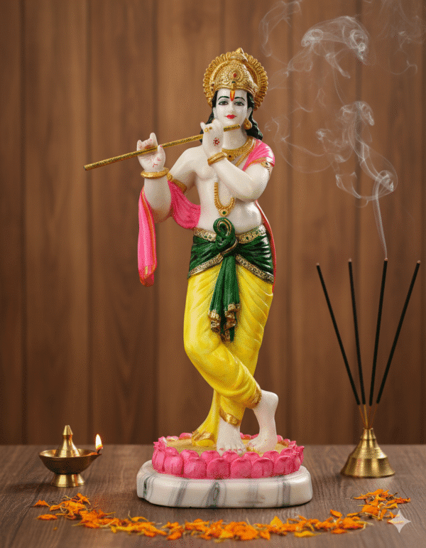 Exquisite 27 Inch Standing Krishna Idol - Marble Finish Flute Player on Lotus Base