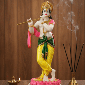 Exquisite 27 Inch Standing Krishna Idol - Marble Finish Flute Player on Lotus Base