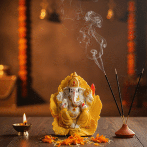 7-Inch Yellow Patta Ganesha Idol (Leaf/Petal Base)