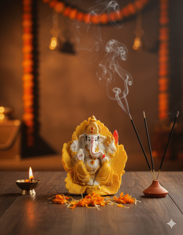 7-Inch Yellow Patta Ganesha Idol (Leaf/Petal Base)