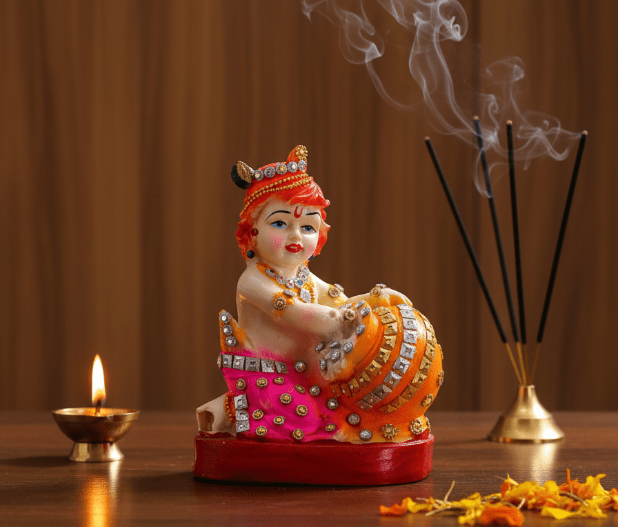 Glittering 7.5 Inch Makhan Chor Bal Krishna Idol - Laddu Gopal Murti