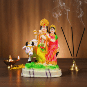 Hand-Painted 9 Inch Radha Krishna with Cow Idol Polyresin Murti for Home Temple