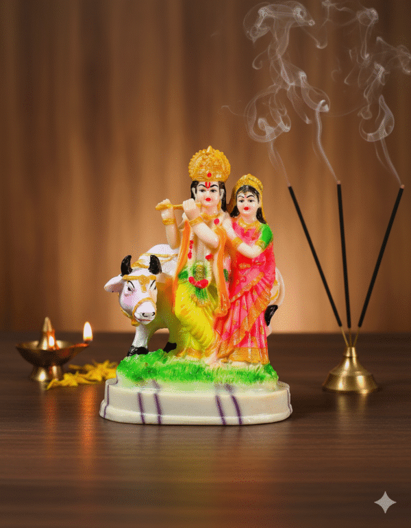 Hand-Painted 9 Inch Radha Krishna with Cow Idol Polyresin Murti for Home Temple
