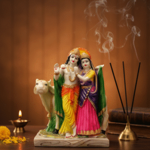 12 Inch Radha Krishna with Cow Idol - Marble Dust Finish Murti