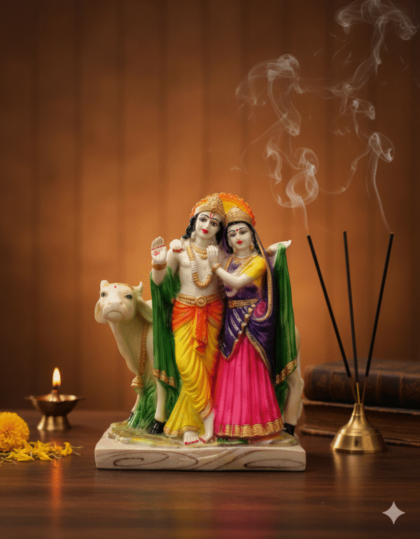 12 Inch Radha Krishna with Cow Idol - Marble Dust Finish Murti