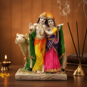 12 Inch Radha Krishna with Cow Idol - Marble Dust Finish Murti
