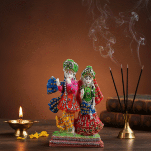 9 Inch Bejeweled Radha Krishna with Cow Idol - Multi-Color Polyresin Murti for Home Temple