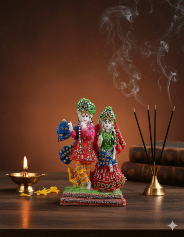 9 Inch Bejeweled Radha Krishna with Cow Idol - Multi-Color Polyresin Murti for Home Temple