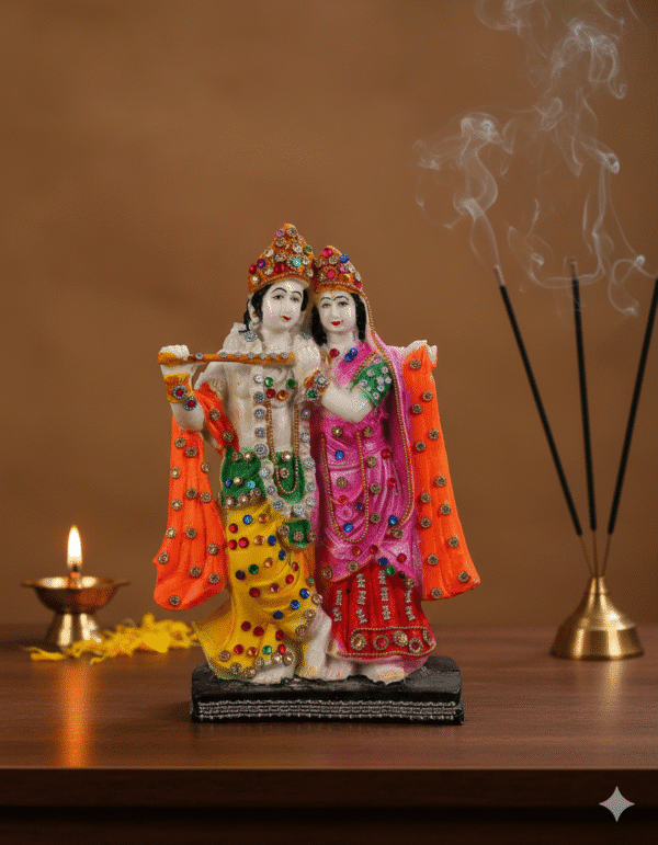 12.5 Inch Bejeweled Radha Krishna Idol Statue - Decorative Polyresin Murti for Home Temple