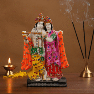 12.5 Inch Bejeweled Radha Krishna Idol Statue - Decorative Polyresin Murti for Home Temple
