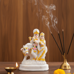 Serene 9 Inch White Radha Krishna Idol Marble Look Cow Murti