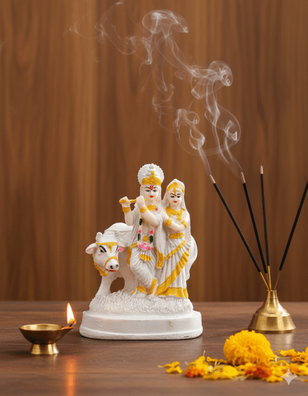 Serene 9 Inch White Radha Krishna Idol Marble Look Cow Murti
