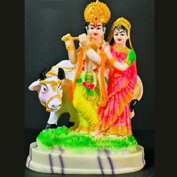 9 Inch Hand-Painted Radha Krishna with Cow Idol Murti - Image 3