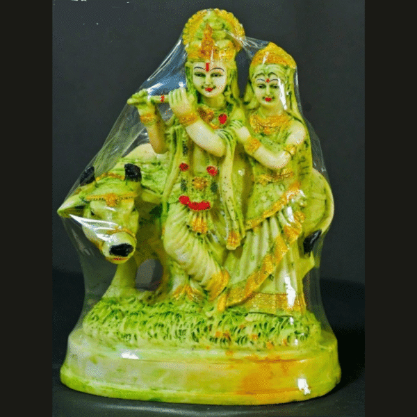 9 Inch Hand-Painted Polyresin Radha Krishna with Cow Idol