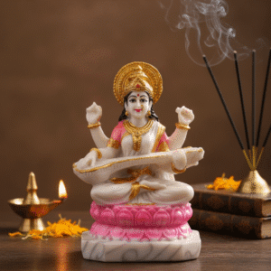 11.5 Inch Saraswati Murti with Golden Crown on Pink Lotus