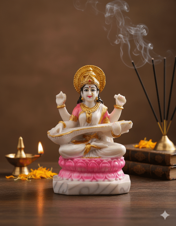 11.5 Inch Saraswati Murti with Golden Crown on Pink Lotus