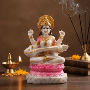 11.5 Inch Saraswati Murti with Golden Crown on Pink Lotus