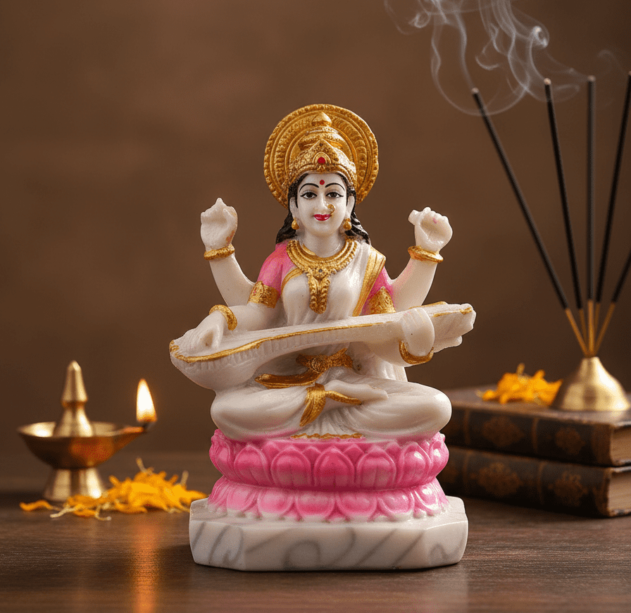 11.5 Inch Saraswati Murti with Golden Crown on Pink Lotus