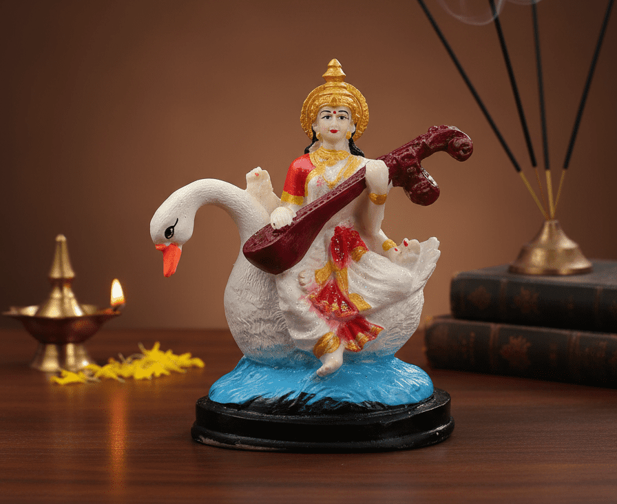 Divine Saraswati Idol on Swan with Veena