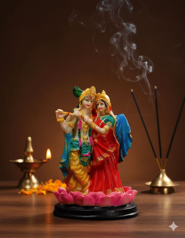 Handpainted 8.5 inch Radha Krishna polyresin idol on lotus base