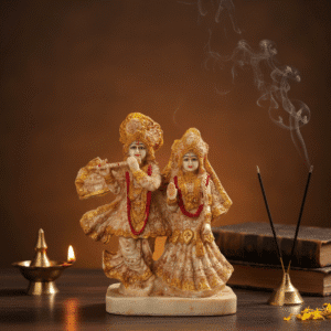 Full view of 12-inch hand-painted ISKCON Style Radha Krishna Idol in Polyresin, standing on a lotus base, perfect for home mandir.