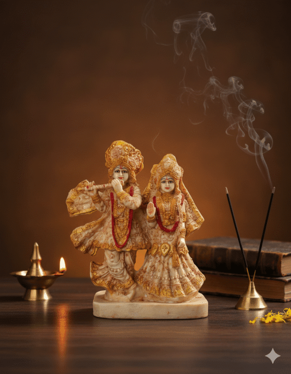 Full view of 12-inch hand-painted ISKCON Style Radha Krishna Idol in Polyresin, standing on a lotus base, perfect for home mandir.