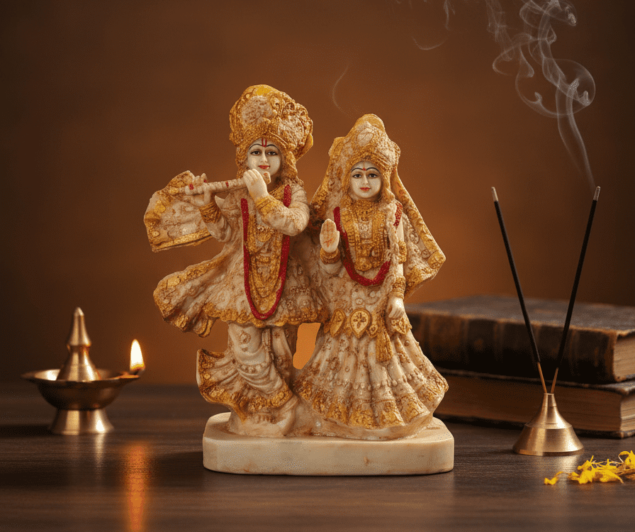 Full view of 12-inch hand-painted ISKCON Style Radha Krishna Idol in Polyresin, standing on a lotus base, perfect for home mandir.